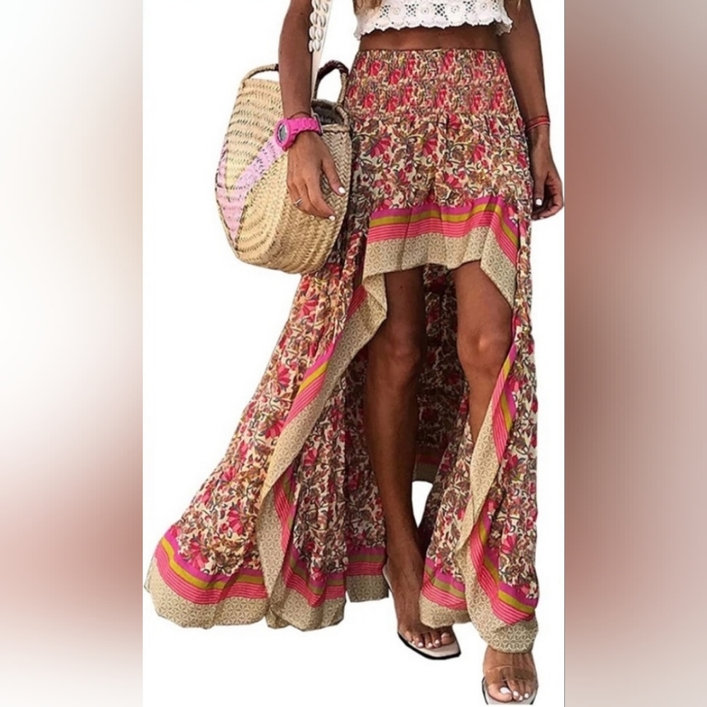 Boho Floral Hi Lo Skirts Dress Elastic Waist Split Ruffle Beach Maxi Skirt